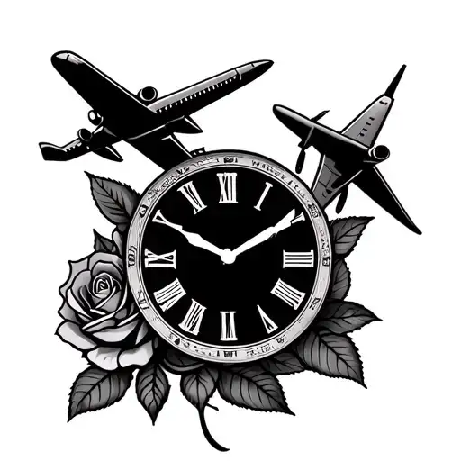 clock and airplane and rose intertwined tattoo design idea