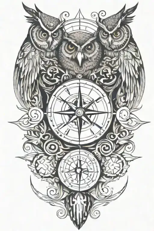 earth, moon, compass, time, owl, phoenix tattoo design idea