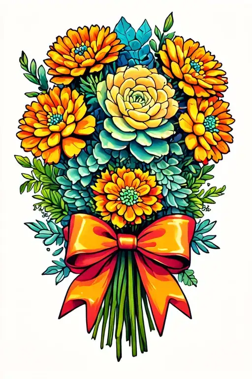 marigold flower bouquet bow of succulents tattoo design idea
