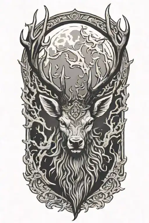 Angry stag head and moon, yggdrasil tattoo design idea