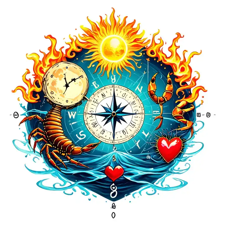 "YRAY" "YRAY" scorpion and sagittarius with the moon and the sun a clock and a compass and a heart with small bands, water and fire tattoo design idea