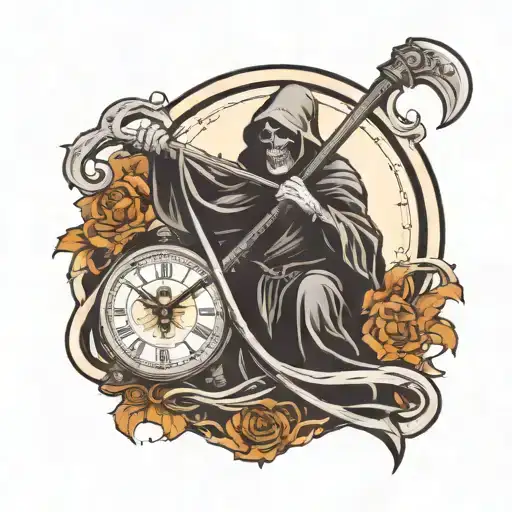grim reaper holding a scythe with clock tattoo design idea