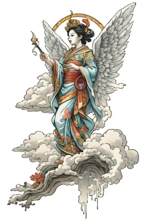 japanese temple Angel with clouds and colored tattoo design idea