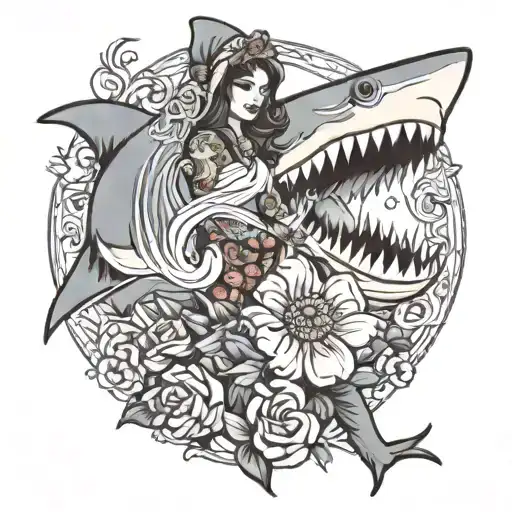 happy plg wearing a wedding veil standing next to a great whie shark holiding it's fin tattoo design idea