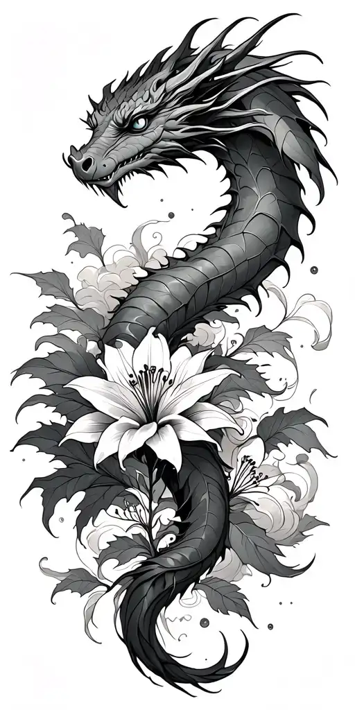 oak leaf,spider lily, clouds and dragon surroundings and the head end up on chest tattoo design idea