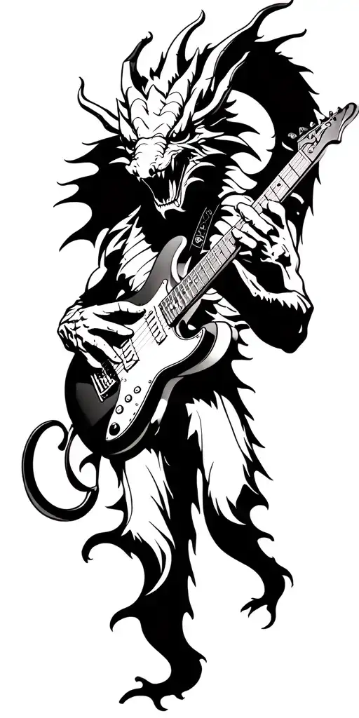 A heavy metal music inspired tattoo featuring a dragon playing an electric guitar tattoo design idea