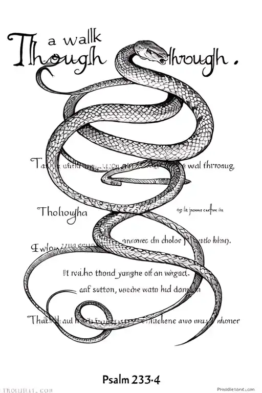 "Though a walk through" snake wrapping around psalm 23:4 tattoo design idea