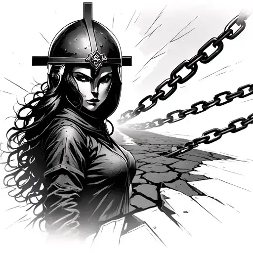 A female woman with a cross helmet is a cracked road with a bright path behind and a broken chain for tattoo design idea