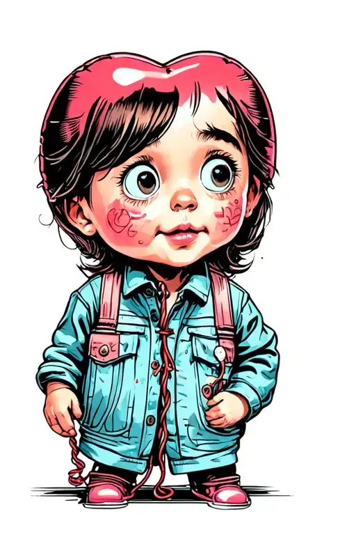Child of about 6 years+pitched heart -shaped balloon with cord in hand tattoo design idea