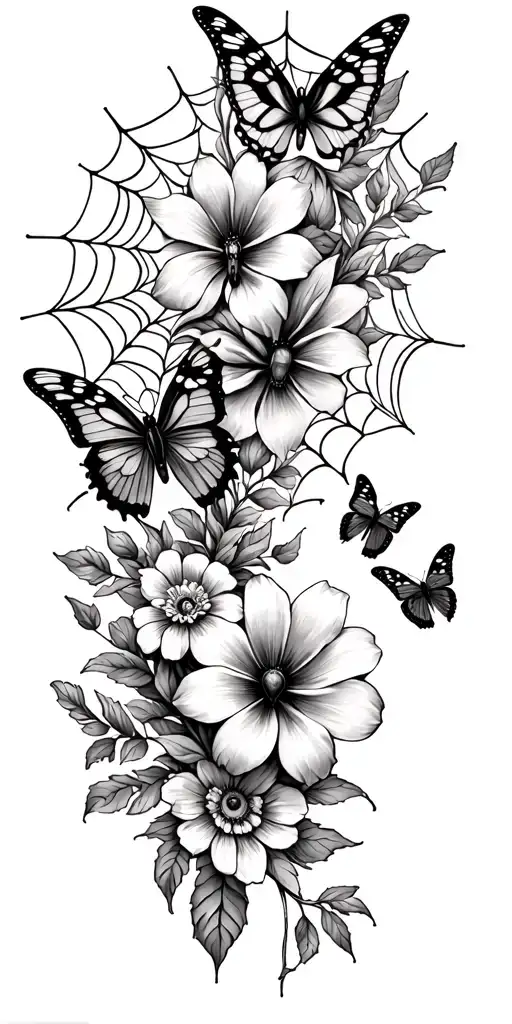 spider web, flowers , and butterlies sleeve tattoo tattoo design idea