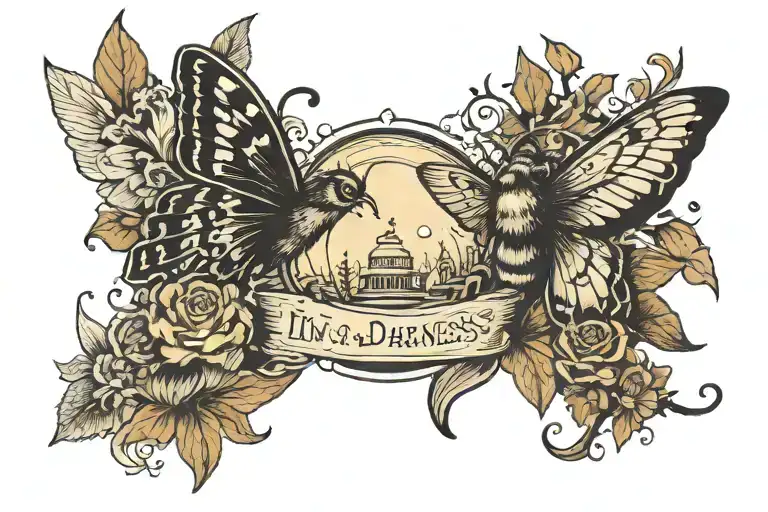 quote "in darkness, look for light" surrounded with one flying moth and a resting moth. Surround this with dark shadows tattoo design idea