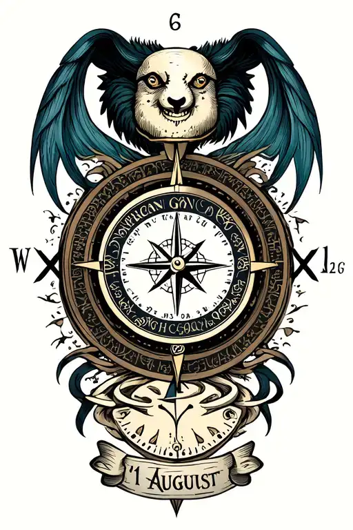 Zordiac sign cancer with compass and clock surrounded with date 11 august with parents presences  tattoo design idea