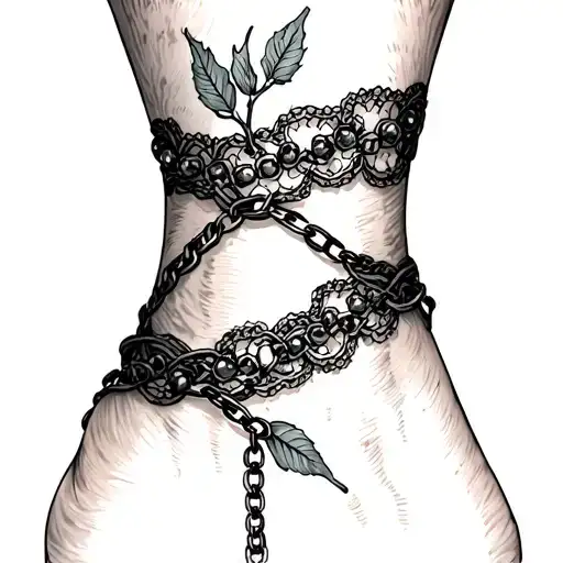 ankle bracelet one line bramble, one in lace and another in chain tattoo design idea