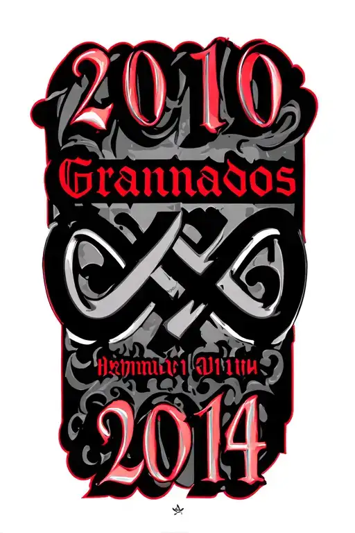 roman numbers 2010 2011 2014 with " Granados " in red ink in the middle of the Roman numbers  tattoo design idea