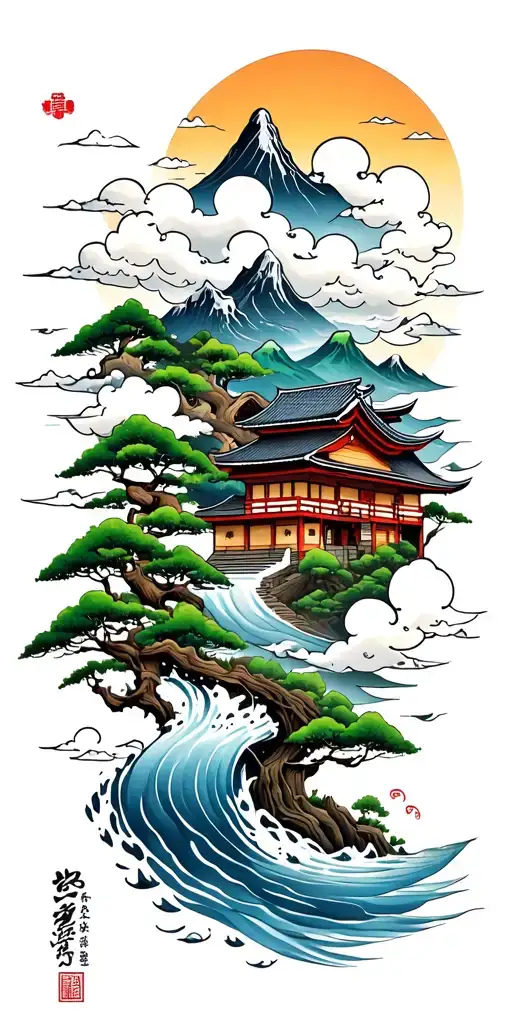 inspired by Buddhist beliefs, flowing from water at the wrist to mountains, houses, and trees, ending in clouds.  tattoo design idea