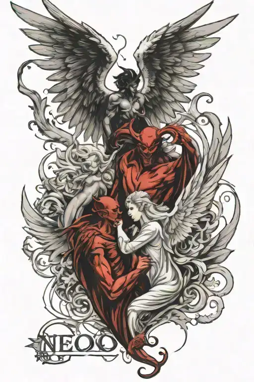 Can you create a tattoo design that incorporates a male devil and a female angel, with a big wing in the middle of the b tattoo design idea