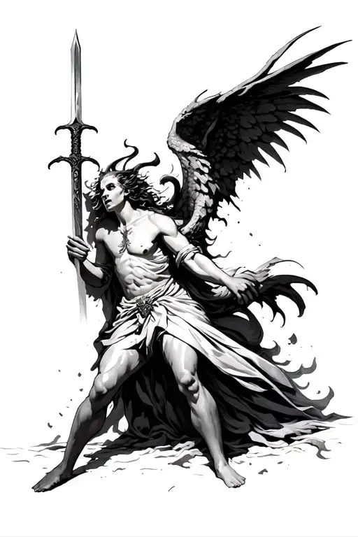 devil striking down an angel with a sword make the art style less real and less hair tattoo design idea
