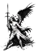 devil striking down an angel with a sword make the art style less real and less hair tattoo design idea