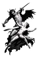 devil striking down an angel with a sword make the art style less real and less hair tattoo design idea