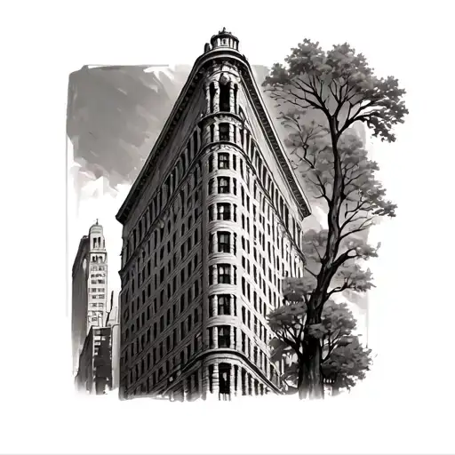 flatiron building from new york city and i want nature/a tree to be involved but no streets or cars or people around it tattoo design idea