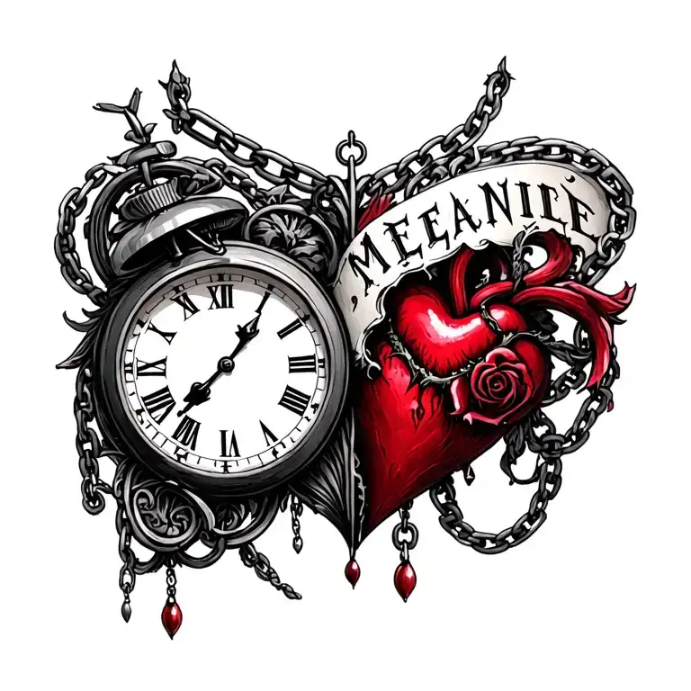 "Mélanie" clock Coeur chain tattoo design idea