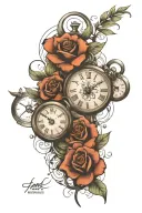 Create a tattoo sketch of a Lowe arm sleeve that represents the saying “time heals all wounds” use clocks instead of an  tattoo design idea