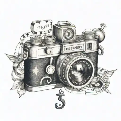 A realistic portrait of a vintage camera surrounded by musical notes and a compass rose, symbolizing the client's love for photography and music as a seaman tattoo design idea