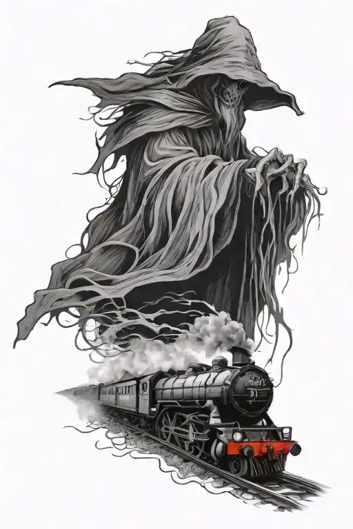 sketch on the shoulder, Harry Potter dementor and below the train from the Harry Potter movie, above the Hogwarts castle tattoo design idea