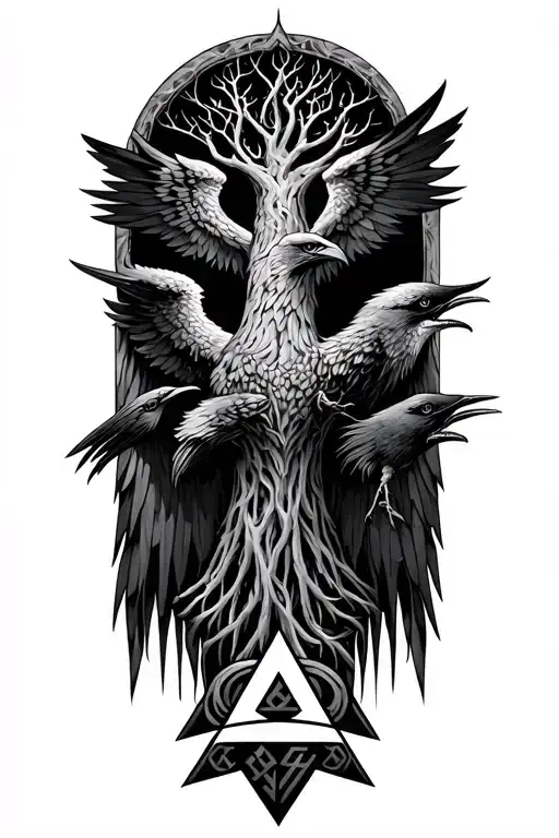  Hugin and Munin, Massive Yggdrasil  In The Background ; Valknut Symbol Aegishjalmur symbol seperate on the bottom  tattoo design idea