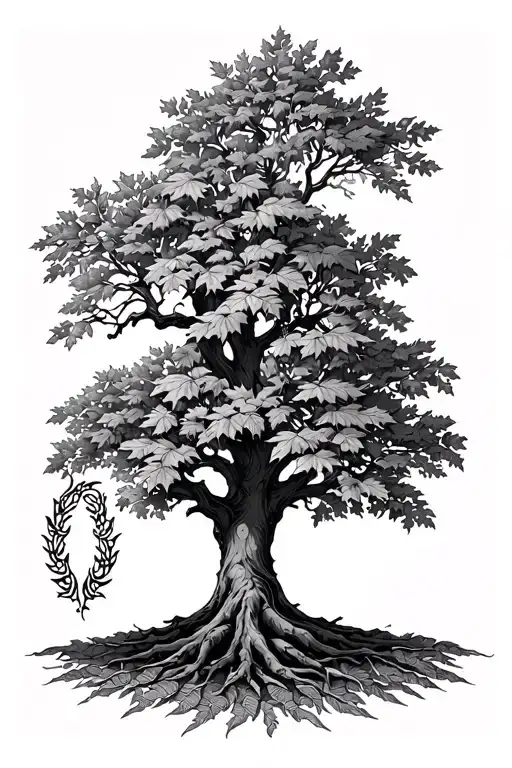 A oak tree with lots of leafs with a laurel wreath with a tribal design tattoo design idea