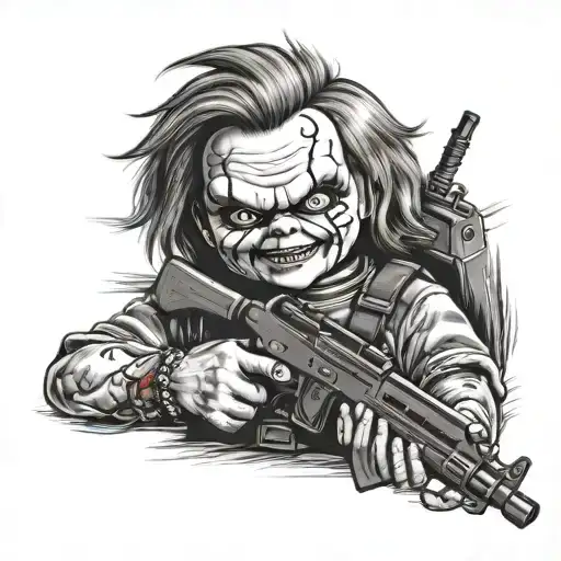 chucky with ak 47 rifle tattoo design idea