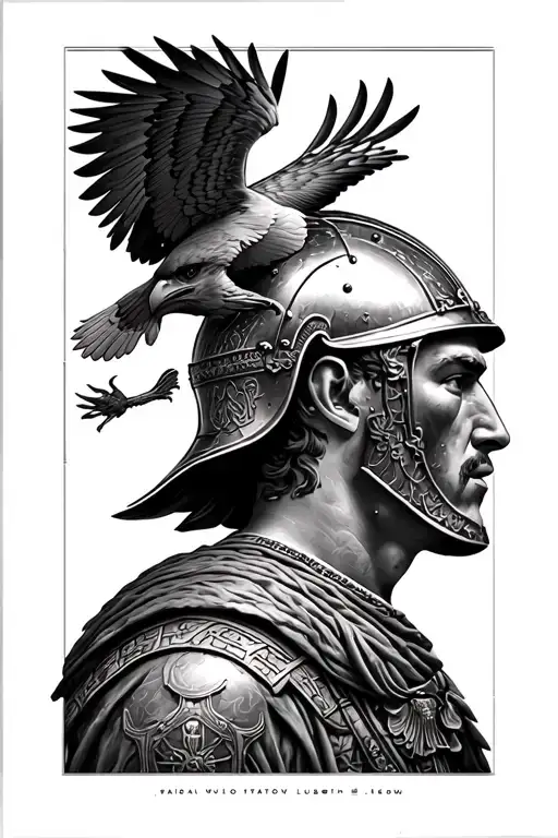 Roman soldier with helmet seen from the side and a small eagle flying. black and white tattoo tattoo design idea