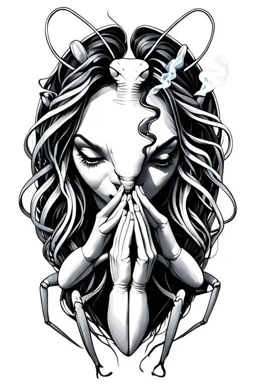 feminine praying mantis smoking a joint tattoo design idea