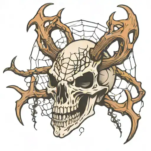 deer antler hog skull spider web tattoo design idea