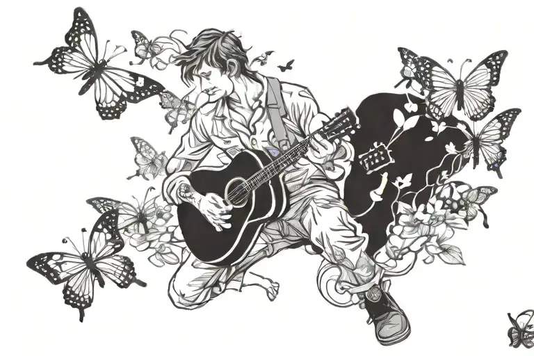 Country boy with guitar and butterflys flying tattoo design idea