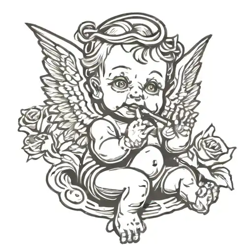 old school black tattoo of a baby angel smoking a cigarette tattoo design idea
