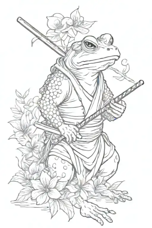 samurai frog with katana and cigarette, many flowers around this frong in Japanese style  tattoo design idea