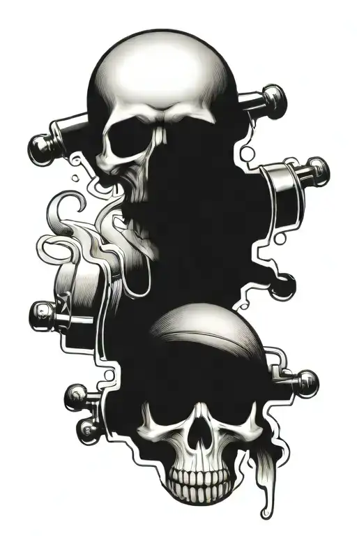 Create a tattoo with a skull surrounded underneath on on the sides by engine pistons. Incorporate harley davidson style tattoo design idea