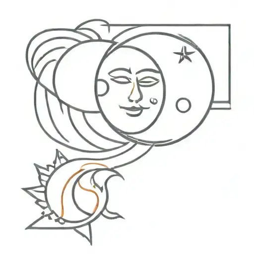 A stylized tattoo design featuring the sun and the moon, where the sun is depicted with warm, radiant lines and soft, in tattoo design idea