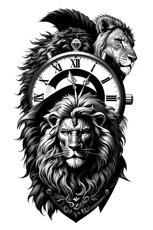 Spartan warrior with a lion and a lioness and a watch in Roman numerals in the background tattoo design idea