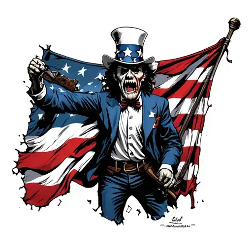 angry Uncle Sam zombie holdng war torn flag waving tattoo design idea