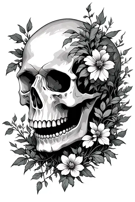 A skull with plants blooming through the cracks in it, side view tattoo design idea