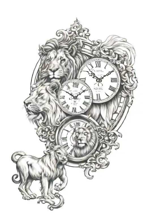family lions clock face sagittarius Aquarius tattoo design idea