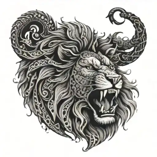 A tribal-inspired lion roaring with a dragon curled around it tattoo design idea