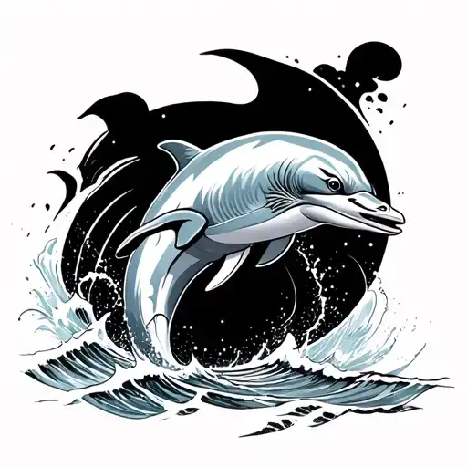 Dolphin jumping in the ocean wave crashing with sandy turtle tracks tattoo design idea