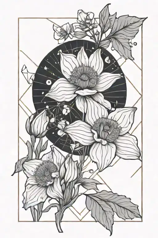 poppy and daffodil with moon  tattoo design idea