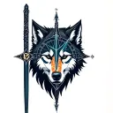 half wolf head with selestial sword and geo compass tattoo design idea