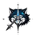 half wolf head with selestial sword and geo compass tattoo design idea