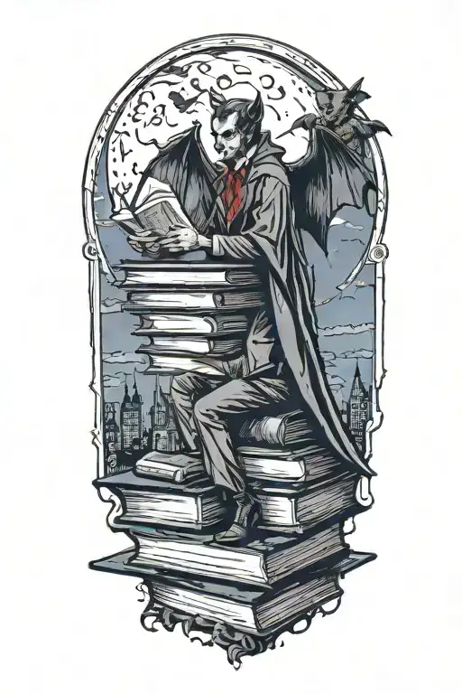A vampire sitting atop of books. Full moon outside window. Bats flying and hanging. tattoo design idea