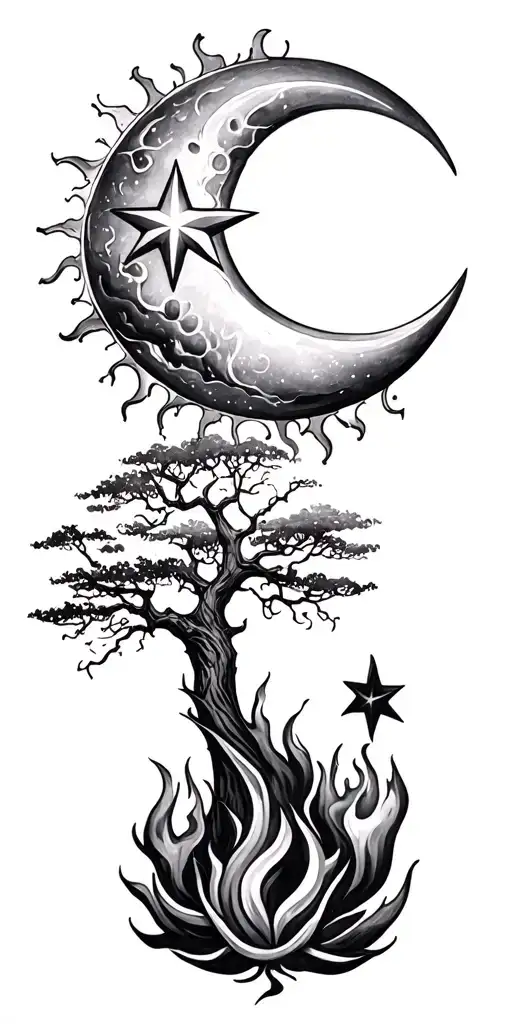 sun and moon,aquarius star, tree and fire tattoo design idea